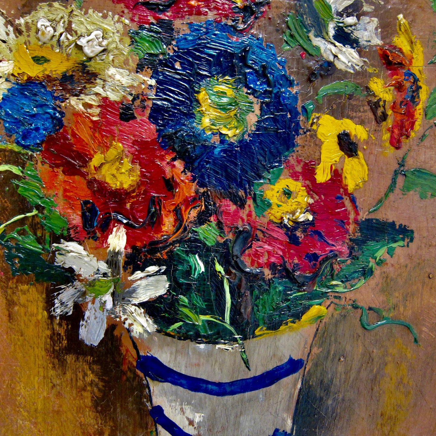 20th Century Oil Painting Still Life of a Floral Arrangement Blue Stripped Vase, Framed