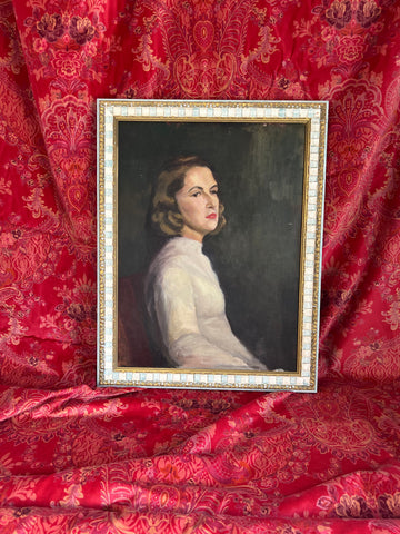 Mid 20th Century Portrait Painting of a Woman in White Sweater