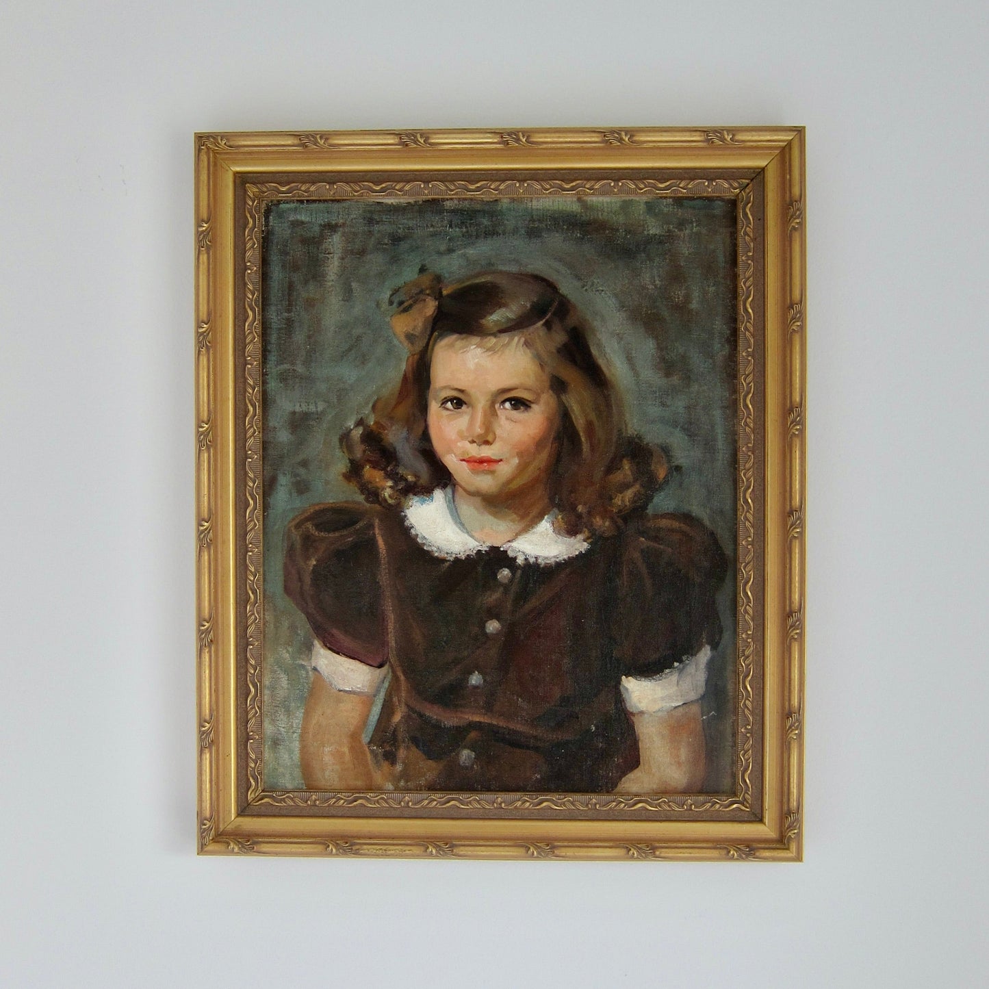 Early 20th Century Portrait Oil Painting of a Young Girl With Brown Dress and Hair, Framed