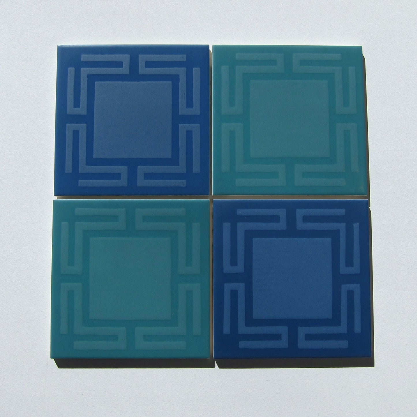 Vintage Italian Blue & Green Greek Key Floor Tile, 12.25 Sq Ft Lot - 49 Piece Set