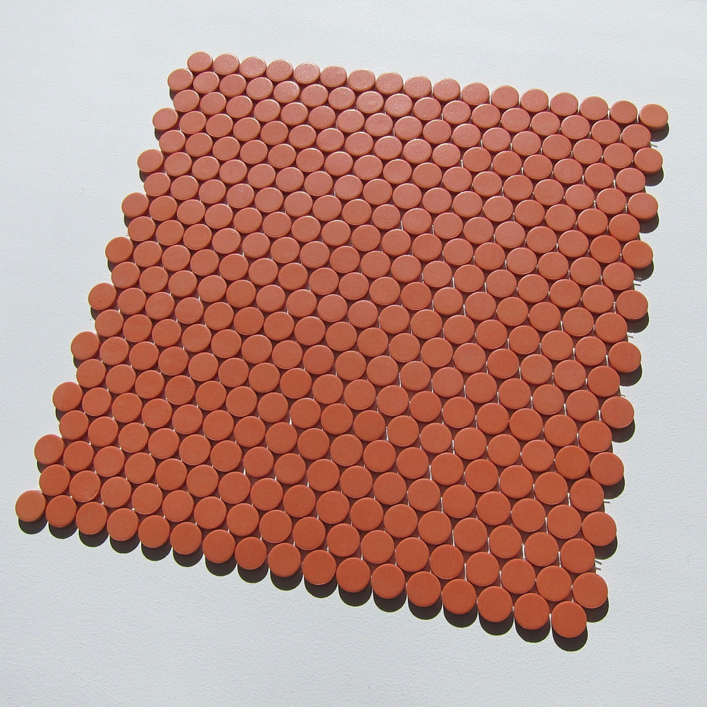 Vintage French Emaux de Briare 1970s Orange Floor/ Wall Penny Tile, 28 Sq Ft Lot - 24 Piece Set, 56 Sq Ft Available