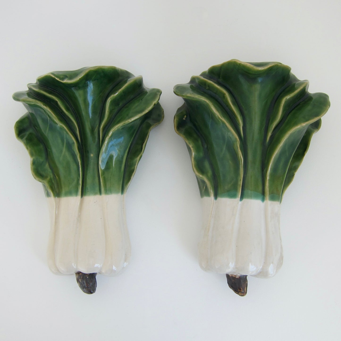 Pair of Vintage Chinese Cabbage Glazed Ceramic Wall Pockets