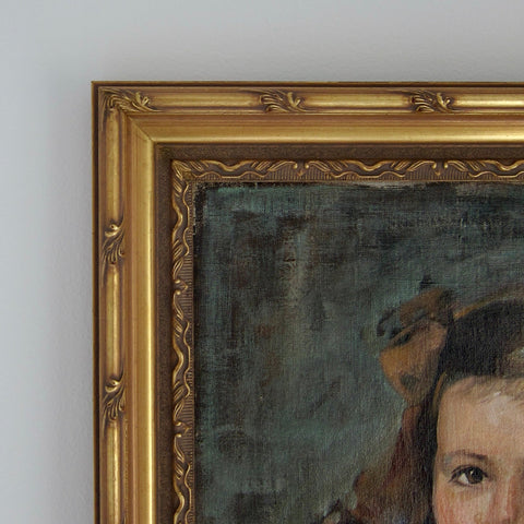 Early 20th Century Portrait Oil Painting of a Young Girl With Brown Dress and Hair, Framed