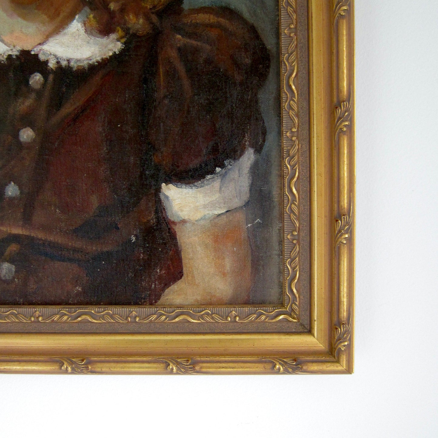 Early 20th Century Portrait Oil Painting of a Young Girl With Brown Dress and Hair, Framed