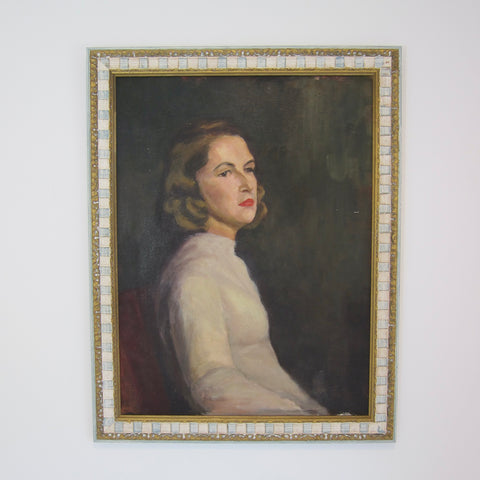 Mid 20th Century Portrait Painting of a Woman in White Sweater