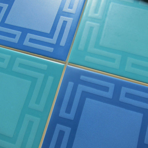 Vintage Italian Blue & Green Greek Key Floor Tile, 12.25 Sq Ft Lot - 49 Piece Set