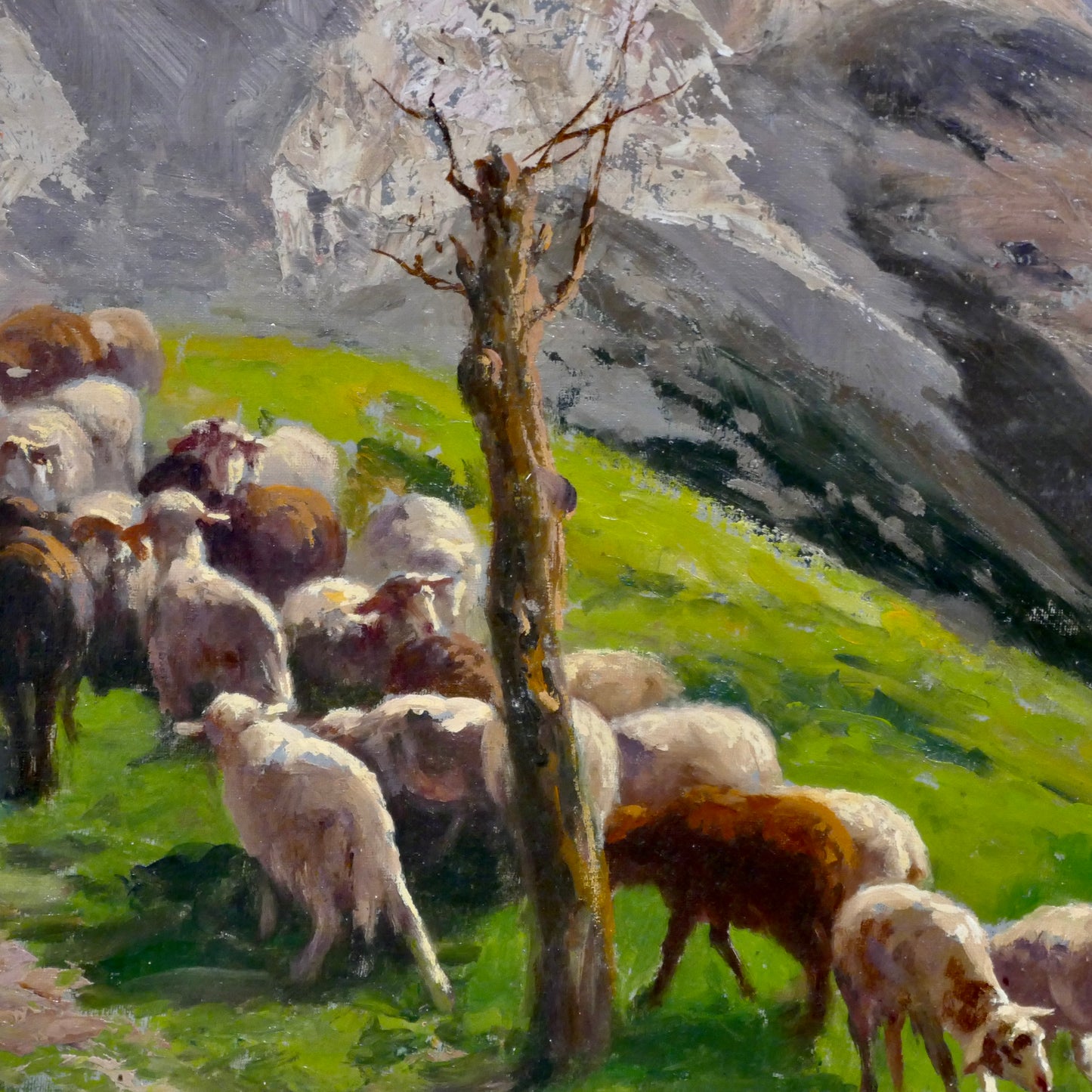 Oil Painting of Sheep in a Mountain Pasture