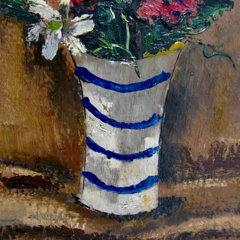 20th Century Oil Painting Still Life of a Floral Arrangement Blue Stripped Vase, Framed