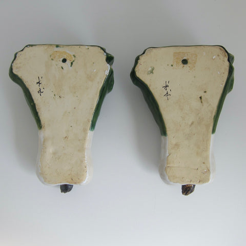 Pair of Vintage Chinese Cabbage Glazed Ceramic Wall Pockets