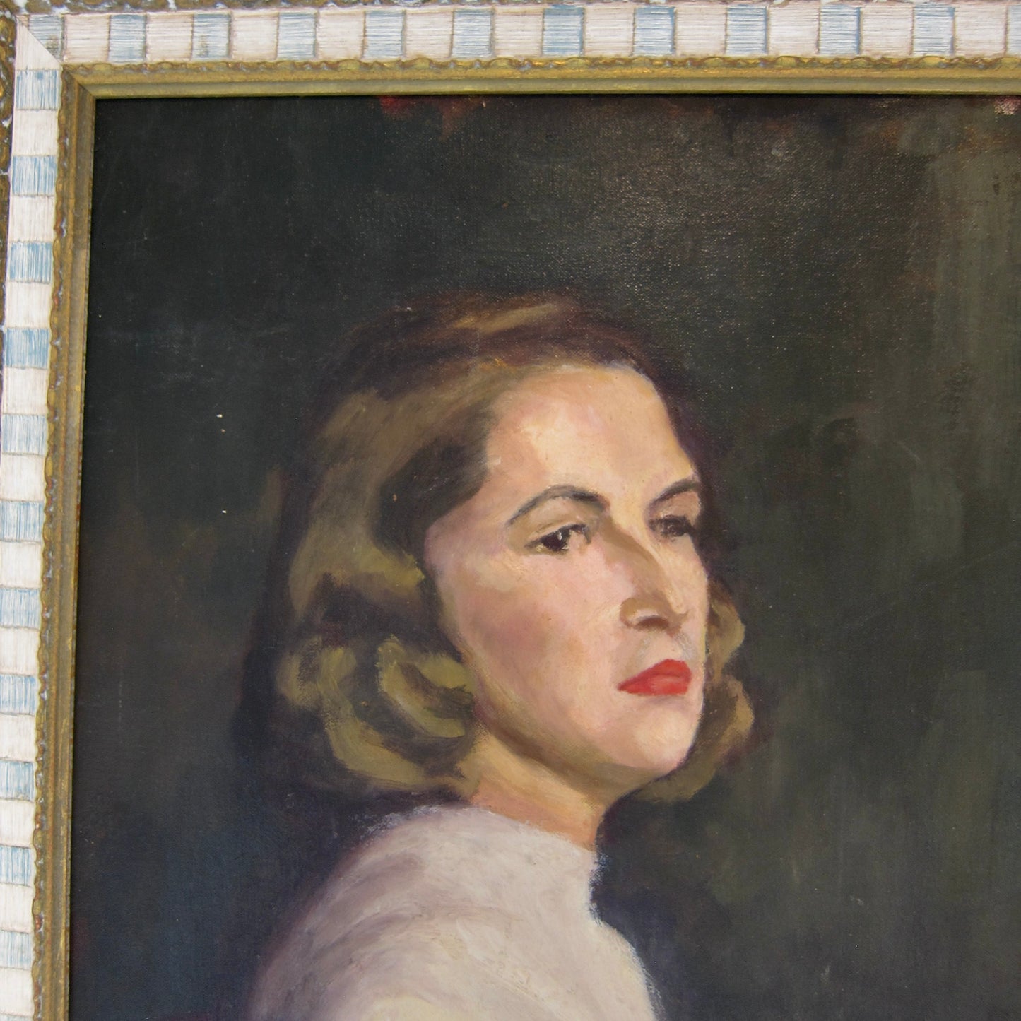 Mid 20th Century Portrait Painting of a Woman in White Sweater