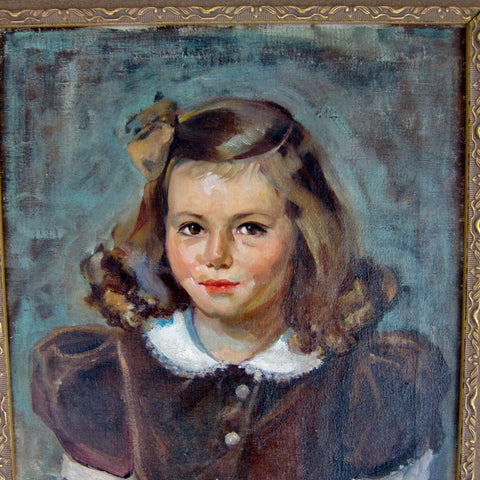 Early 20th Century Portrait Oil Painting of a Young Girl With Brown Dress and Hair, Framed