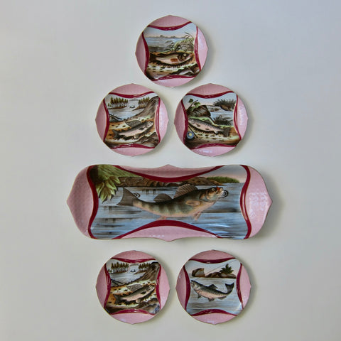 Late 19th Century Pink & Raspberry Red Colored Victorian Fish Wall Plates- 7 Pieces