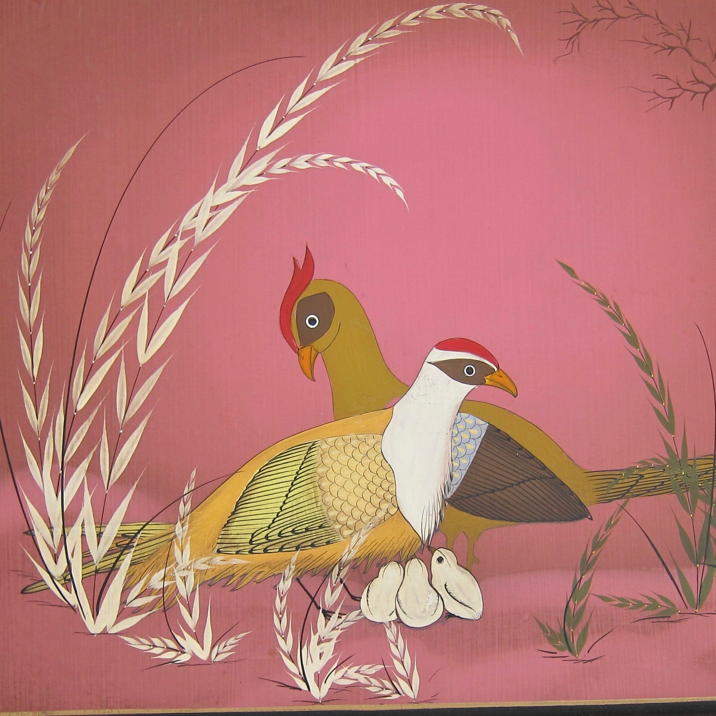 Pink Mexican Folk Art Oil Painting - Family of Pheasants