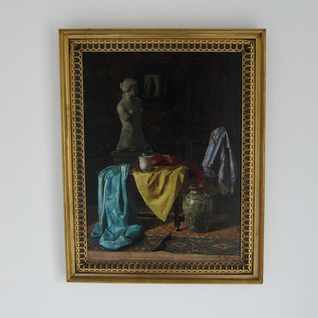 Late 19th Century Realist Oil Painting on Panel of a Still Life With Sculpture of Venus, Pottery and Silk Garments