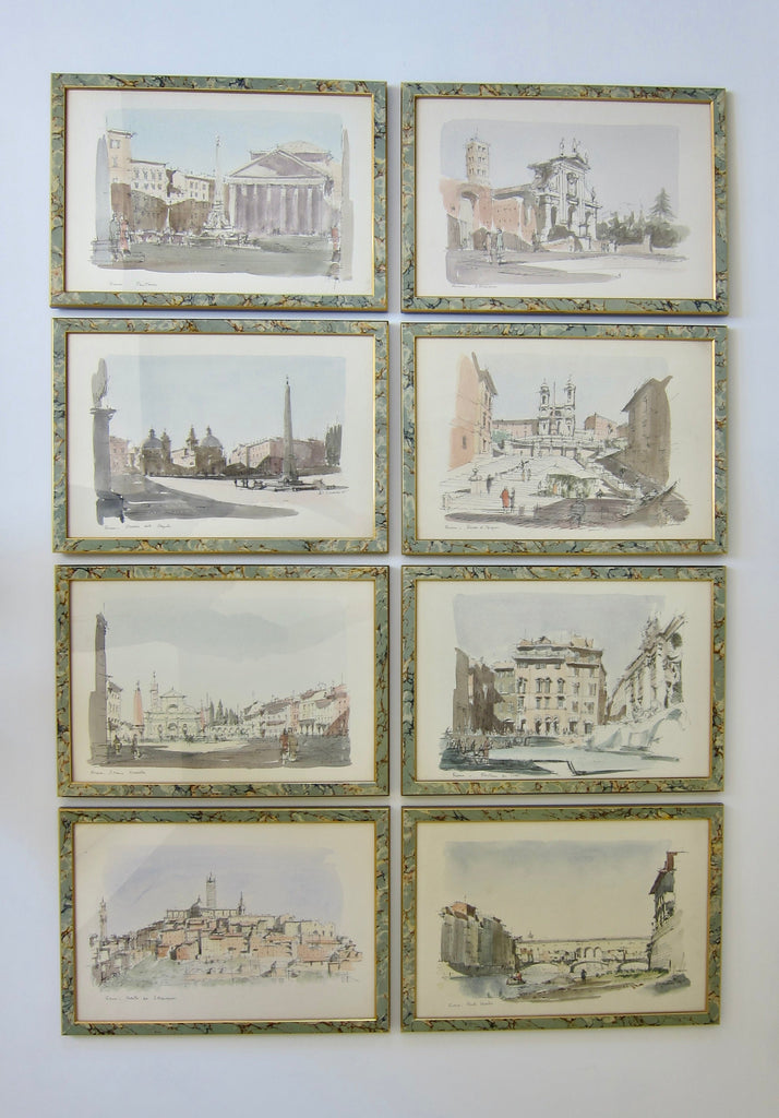 Set of Eight 1950s Piero Cicionesi Signed Architectural Watercolor Paintings of Italy, Framed