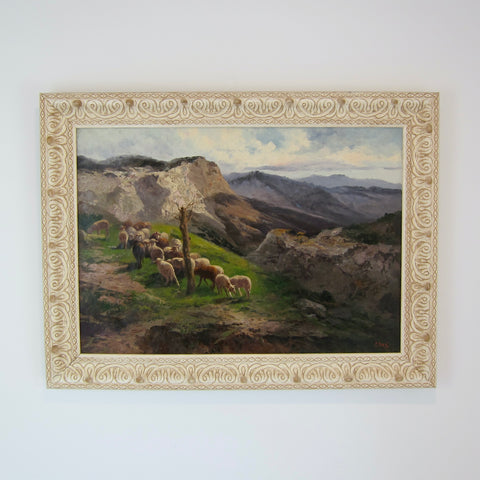 Oil Painting of Sheep in a Mountain Pasture