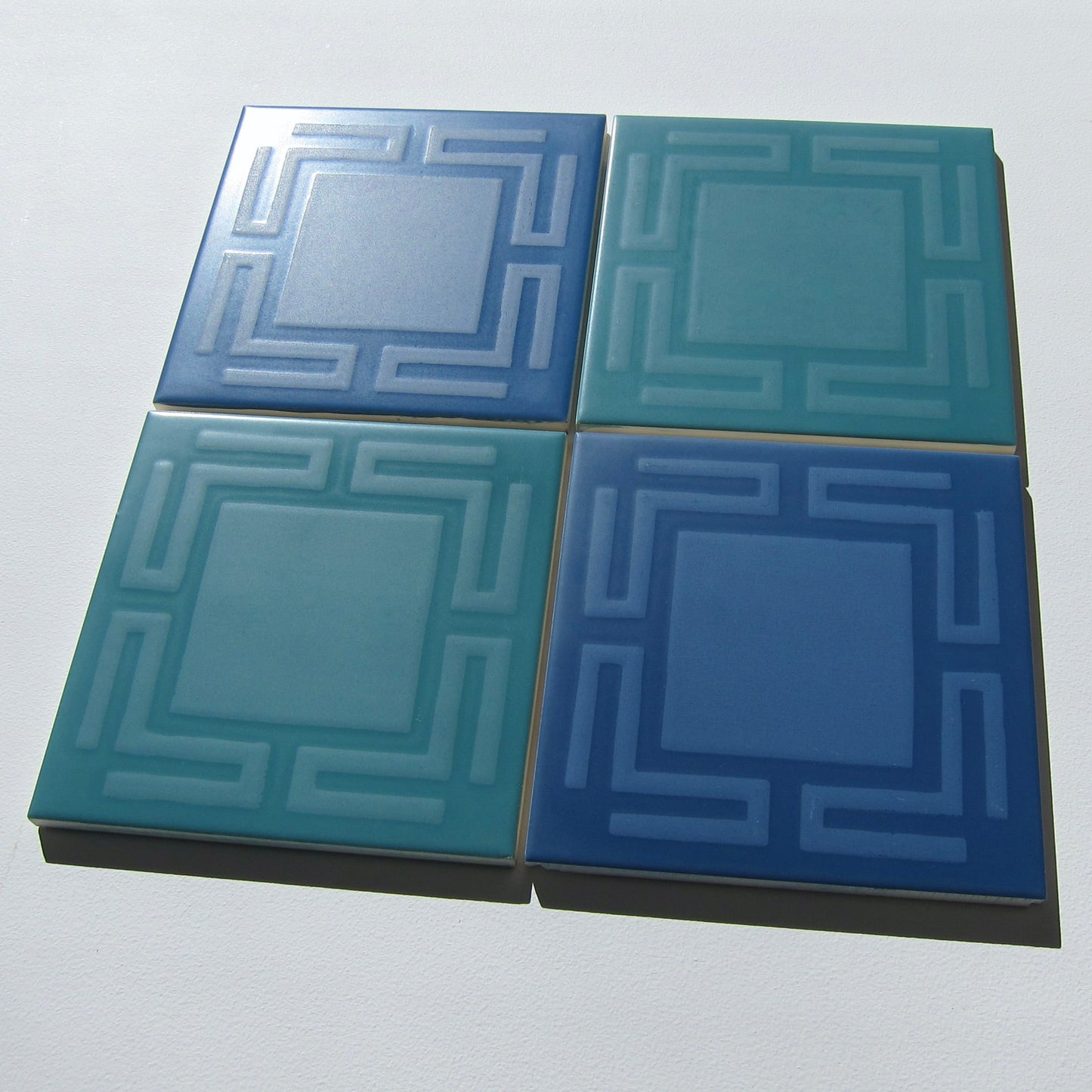 Vintage Italian Blue & Green Greek Key Floor Tile, 12.25 Sq Ft Lot - 49 Piece Set