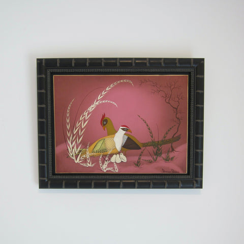 Pink Mexican Folk Art Oil Painting - Family of Pheasants