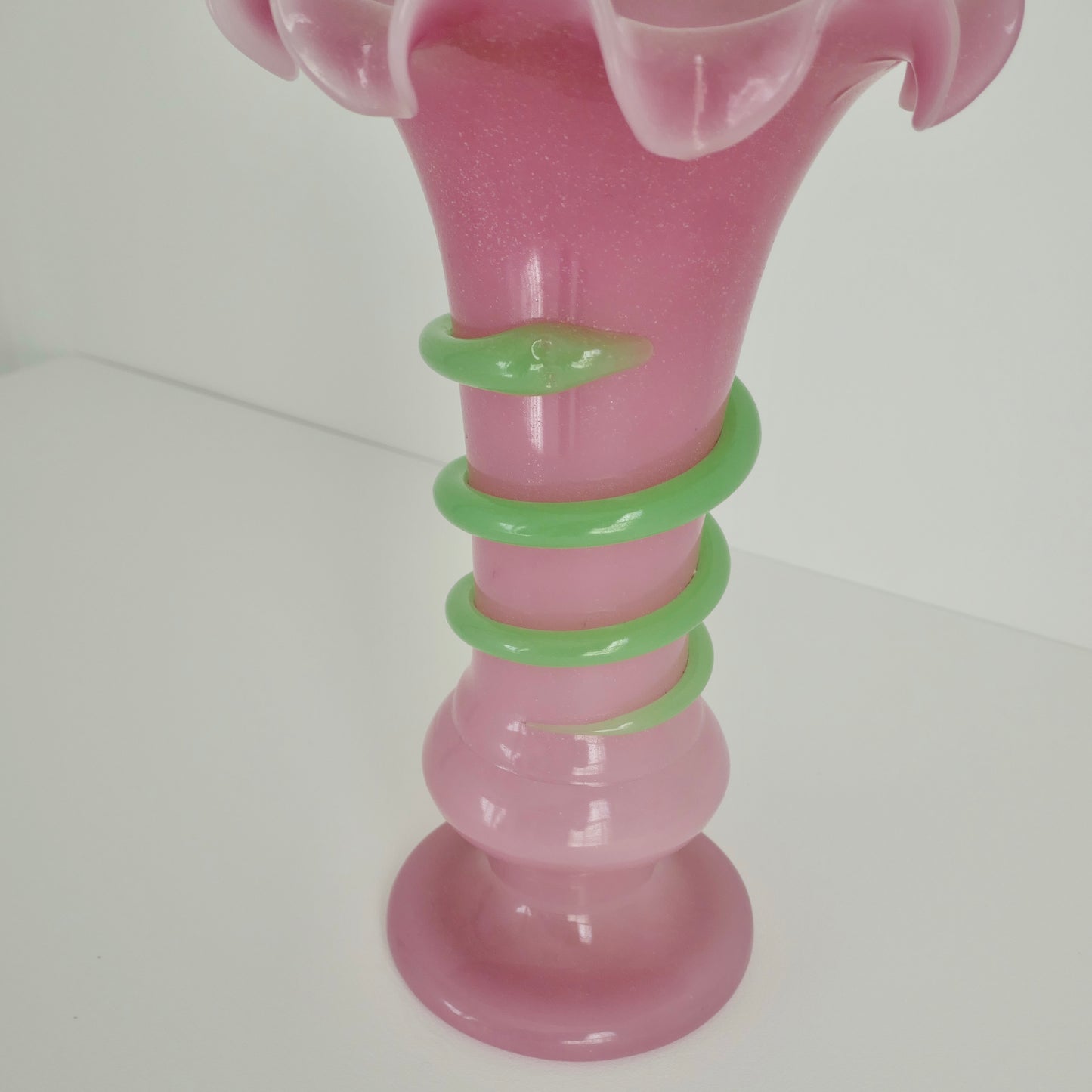 Mid 20th Century Large Venetian Pink & Green Opaque Ruffled Glass Vase Serpent or Snake Wrapped