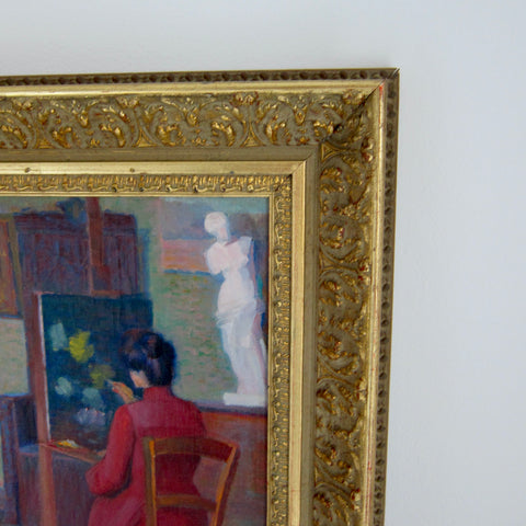 Early 20th Century American School Oil Painting - Interior View of an Artist Painting in Her Studio