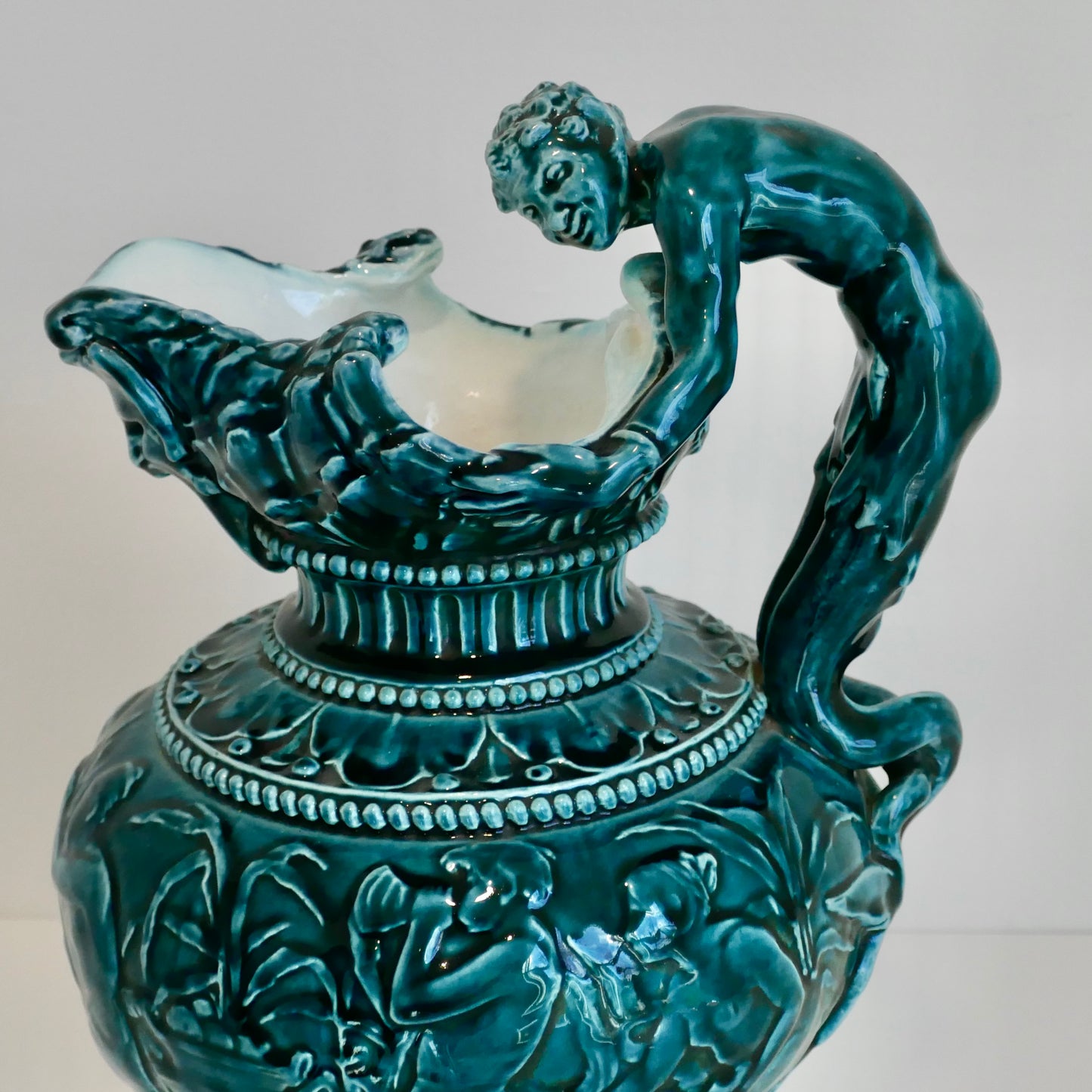 Antique 19th Century George Jones & Sons Green Majolica Glazed Ewer - Frieze of Satyrs and Nymphs