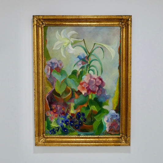 Large Colorful Mid 20th Century Oil Painting - Still Life of Greenhouse Flowers