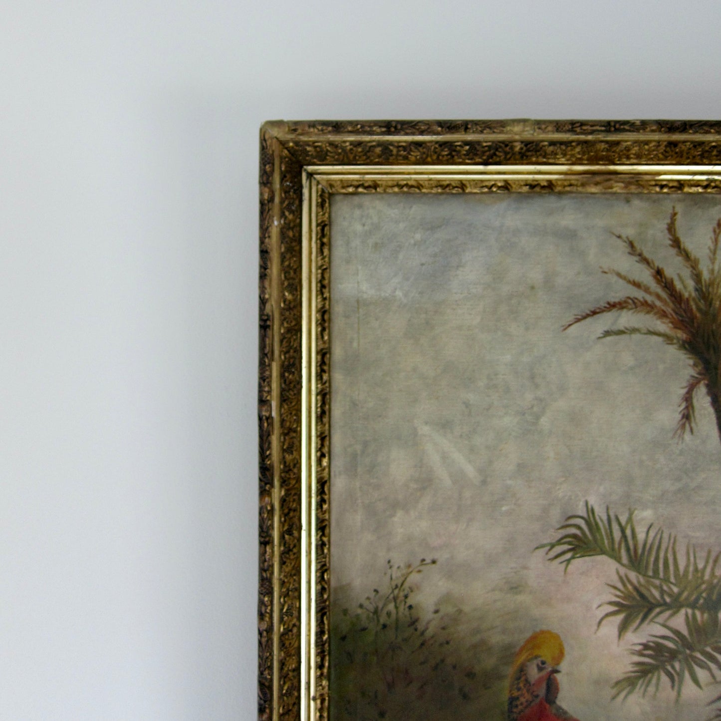 Large Antique Oil Painting of Two Pheasants