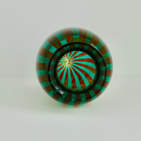 Vintage Late 20th Century Murano Glass Vase Ochre & Turquoise Strip Signed VeArt Venevia, Italy