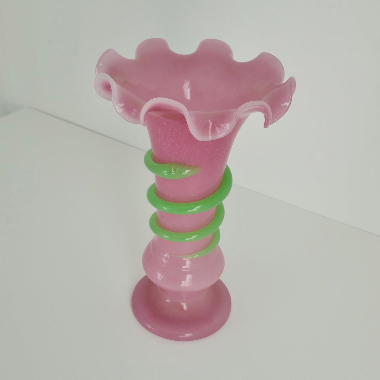 Mid 20th Century Large Venetian Pink & Green Opaque Ruffled Glass Vase Serpent or Snake Wrapped