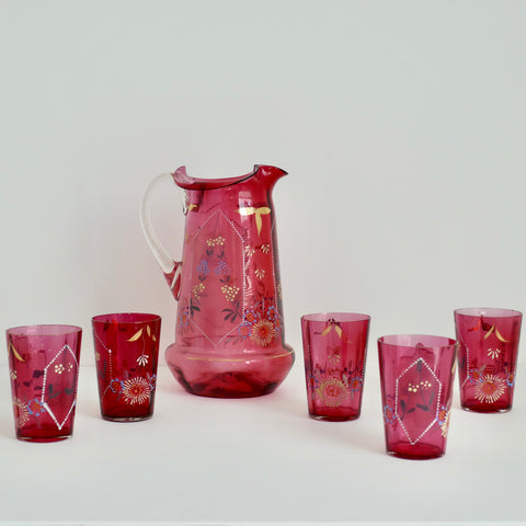 Late 19th Century Victorian Cranberry Gold Painted Enameled Art Glass Lemonade Water Set - 6 Pieces