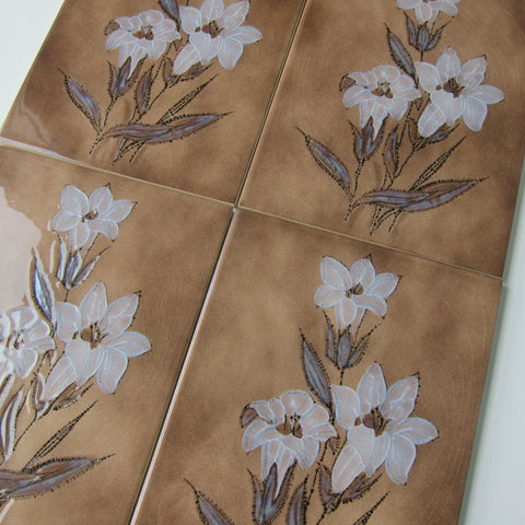 Vintage 1980s Italian Brown Floral Wall Tiles, 10 Sq Ft Lot - 30 Piece Set