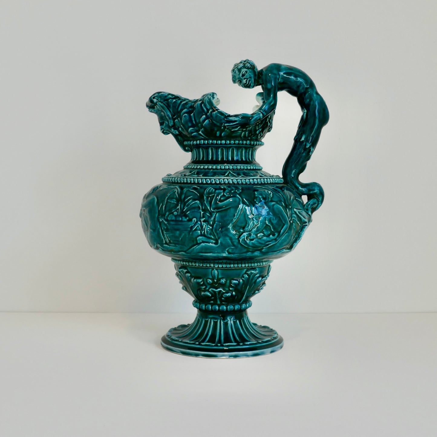 Antique 19th Century George Jones & Sons Green Majolica Glazed Ewer - Frieze of Satyrs and Nymphs