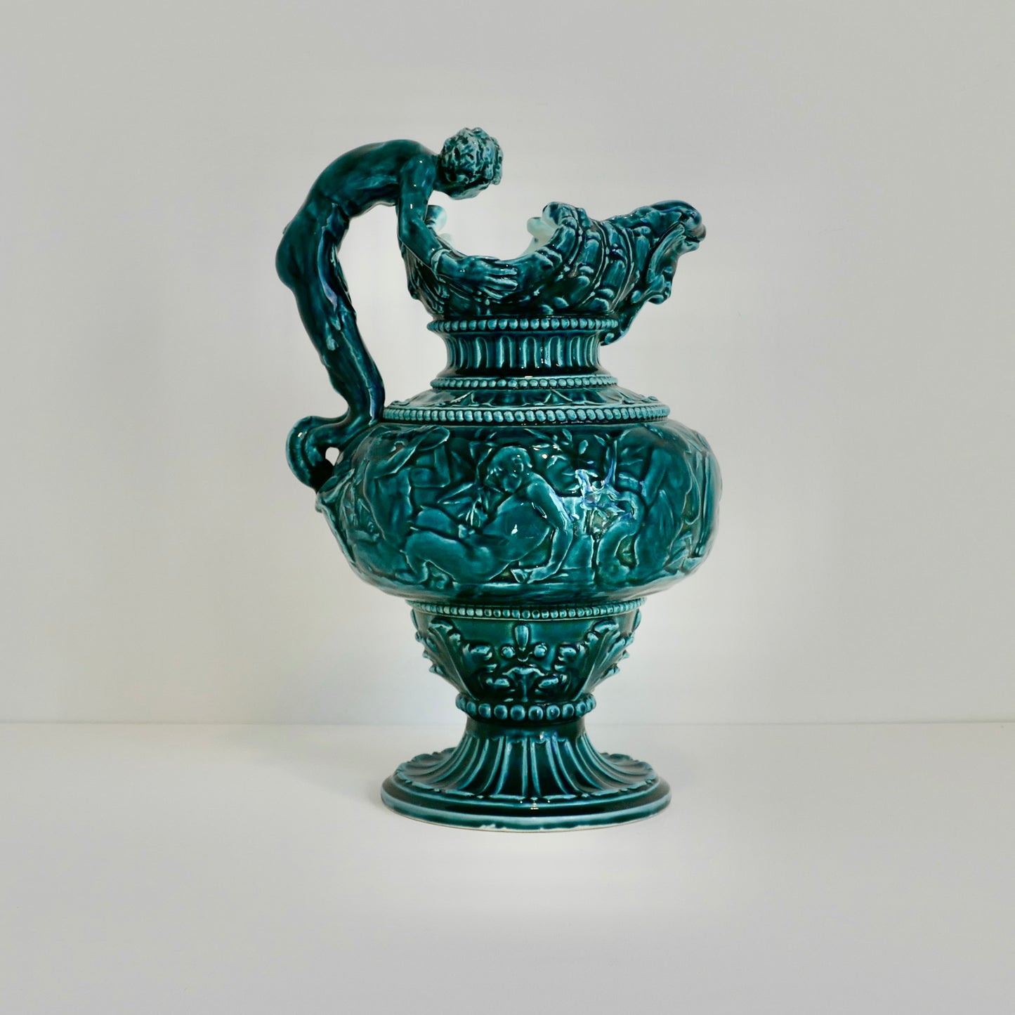 Antique 19th Century George Jones & Sons Green Majolica Glazed Ewer - Frieze of Satyrs and Nymphs