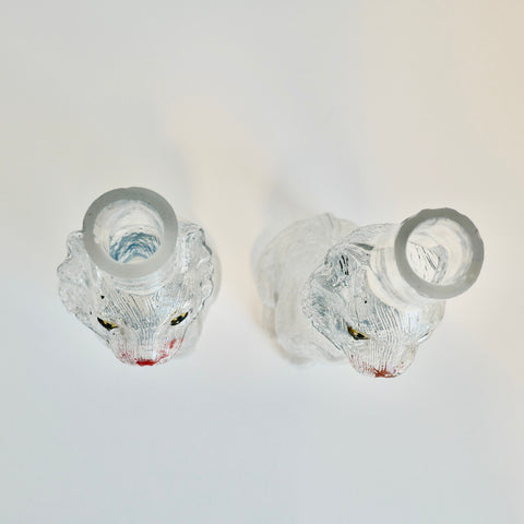 Pair of Painted Vintage Glass Cat Shaped Vases or Candlestick Holders