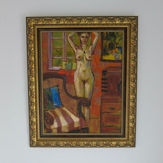 Late 20th Century "Model in Trinidad Studio" Jae Dougall Fauvist Nude Oil Painting on Board, Framed