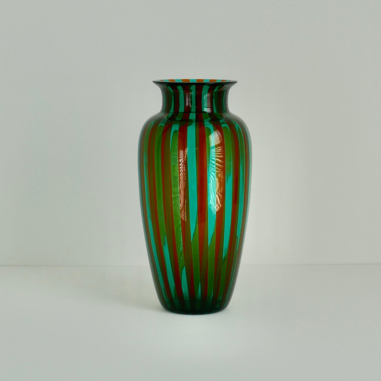 Vintage Late 20th Century Murano Glass Vase Ochre & Turquoise Strip Signed VeArt Venevia, Italy