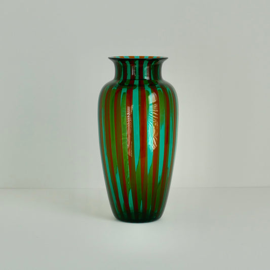 Vintage Late 20th Century Murano Glass Vase Ochre & Turquoise Strip Signed VeArt Venevia, Italy