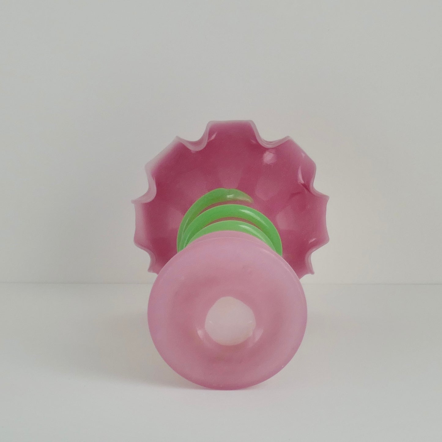 Mid 20th Century Large Venetian Pink & Green Opaque Ruffled Glass Vase Serpent or Snake Wrapped