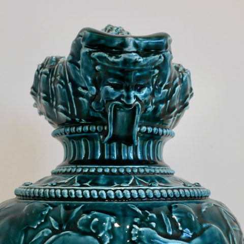 Antique 19th Century George Jones & Sons Green Majolica Glazed Ewer - Frieze of Satyrs and Nymphs
