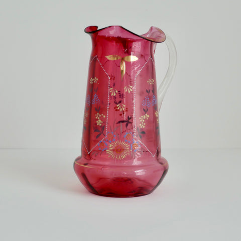 Late 19th Century Victorian Cranberry Gold Painted Enameled Art Glass Lemonade Water Set - 6 Pieces