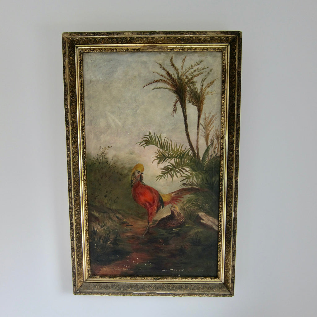 Large Antique Oil Painting of Two Pheasants
