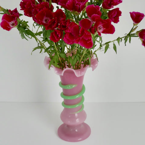 Mid 20th Century Large Venetian Pink & Green Opaque Ruffled Glass Vase Serpent or Snake Wrapped