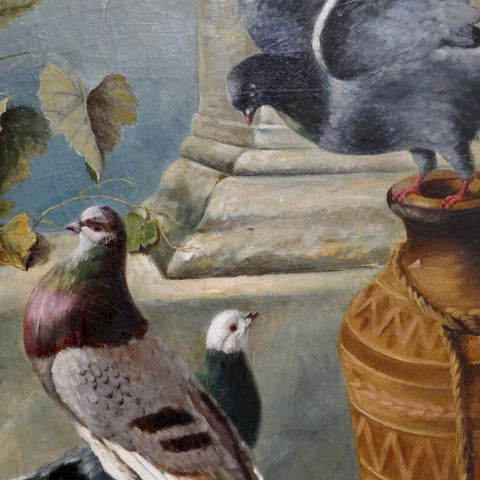 19th Century Classical Oil Painting of Pigeons, Signed p.b. West 1887