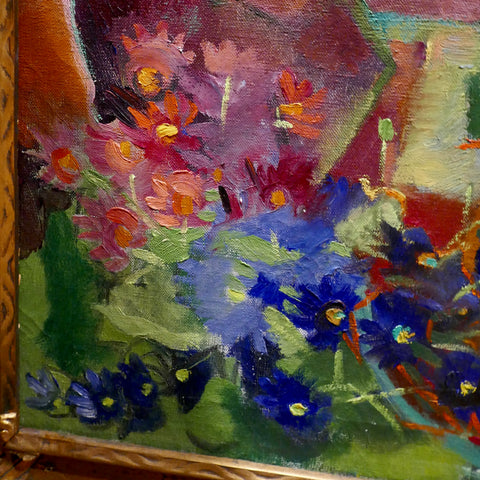 Large Colorful Mid 20th Century Oil Painting - Still Life of Greenhouse Flowers