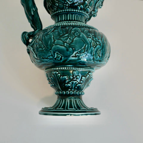 Antique 19th Century George Jones & Sons Green Majolica Glazed Ewer - Frieze of Satyrs and Nymphs