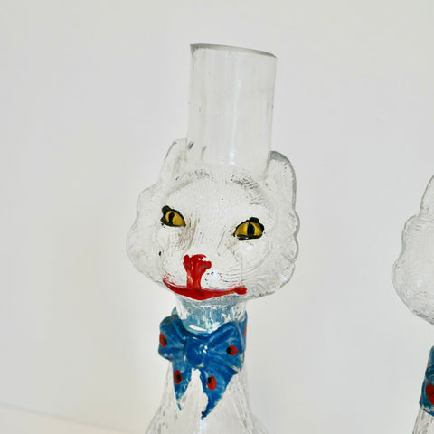 Pair of Painted Vintage Glass Cat Shaped Vases or Candlestick Holders