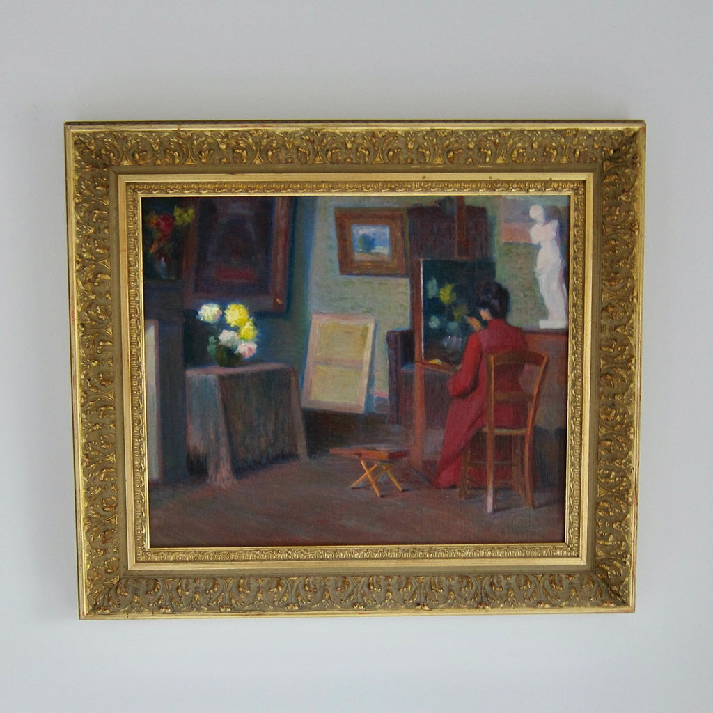 Early 20th Century American School Oil Painting - Interior View of an Artist Painting in Her Studio