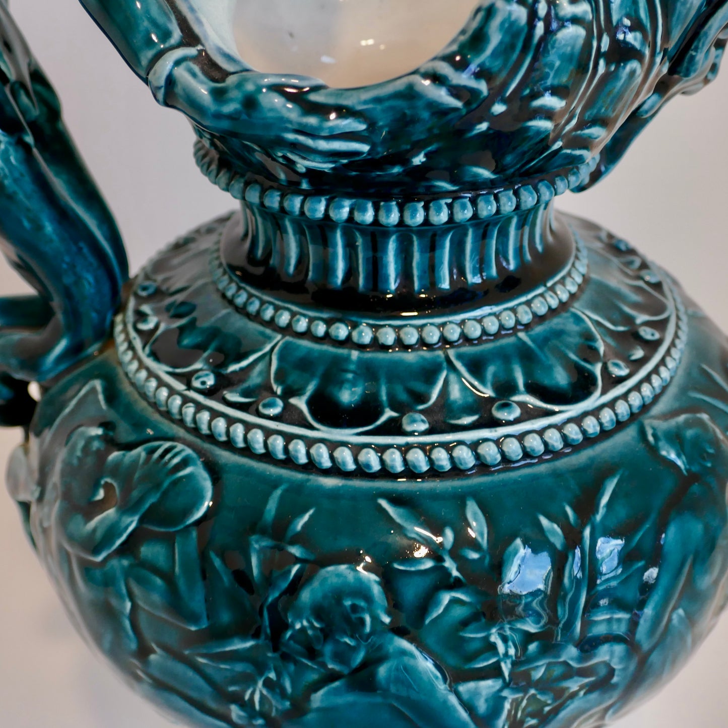 Antique 19th Century George Jones & Sons Green Majolica Glazed Ewer - Frieze of Satyrs and Nymphs