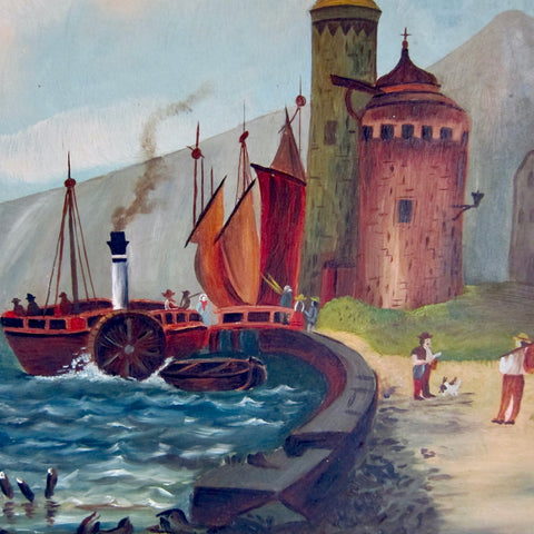 Mid 20th Century Folk Art Seascape Oil Painting, Framed